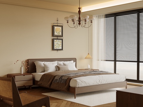 中古风卧室 双人床 床头柜su模型