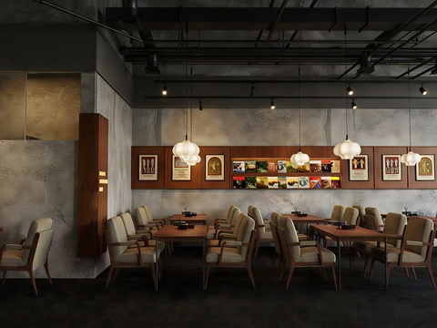 工业复古风咖啡厅 奶茶店 咖啡桌椅组合su模型