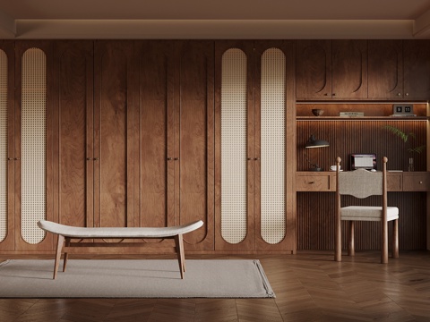 中古风衣帽间 一体衣柜 换鞋凳su模型