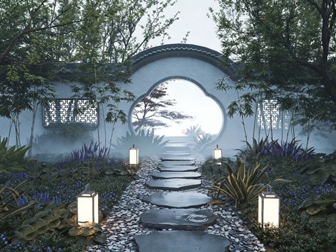 新中式庭院景观 月洞门景墙su模型