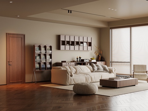 现代中古风客厅 家居客厅 沙发茶几组合 矮柜 书柜su模型