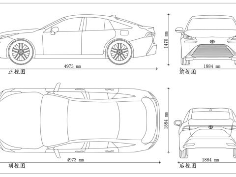 丰田Mirai 氢电旗舰 丰田氢车 氢燃料电池车 零排放氢车cad施工图