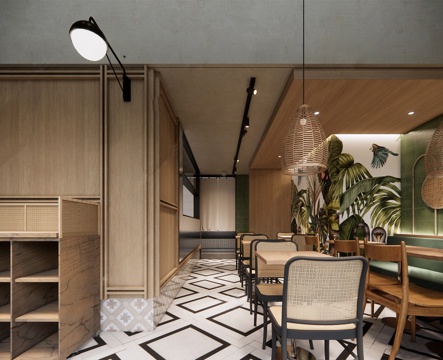 原木风风格餐厅 餐桌椅组合 快餐店 面馆小吃店su模型