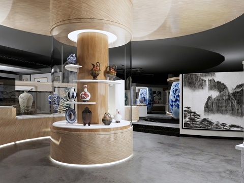 现代青花瓷博物馆 陶瓷博物馆 青花瓷陶瓷 花瓶柜台su模型