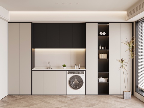 现代意式洗衣房 洗衣机柜su模型