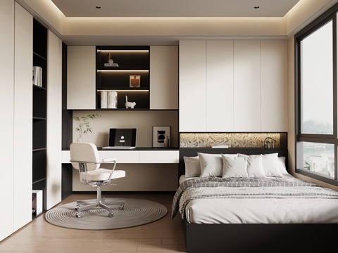 现代榻榻米卧室 黑白灰榻榻米卧室su模型