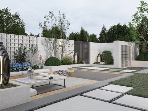 园林庭院景观 景观园林小品 新中式日式禅意 植物墙花园su模型