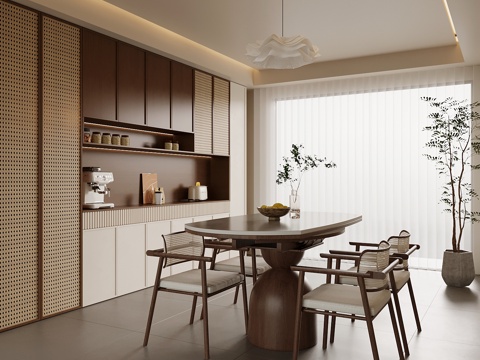 新中式餐厅 餐桌椅 餐边柜su模型