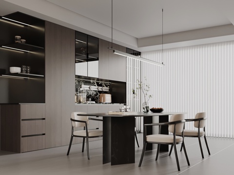 现代意式餐厅 餐桌椅 餐边柜 酒柜su模型