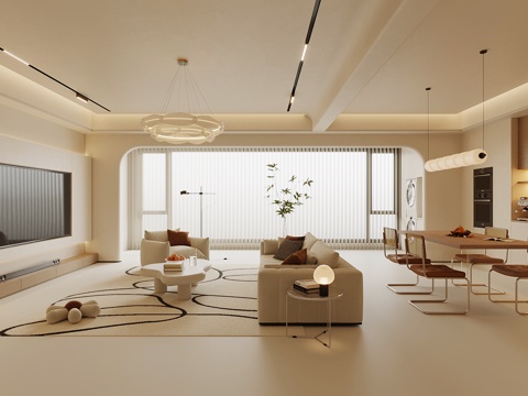 现代奶油风 客餐厅 餐桌椅 酒柜 电视背景墙su模型