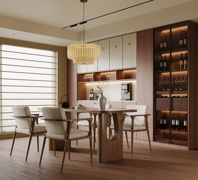 现代中古风餐厅 餐桌椅 餐边柜 酒柜su模型