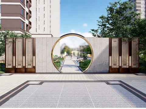 新中式中式景墙 新中式月亮门su模型