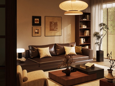 中古风家居客厅 沙发茶几组合 边柜 书柜su模型