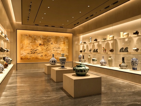 新中式瓷器博物馆 博物馆陈列展厅陶瓷收藏展览馆 考古教学su模型