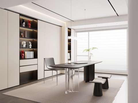 现代意式书房 书桌椅 书柜su模型