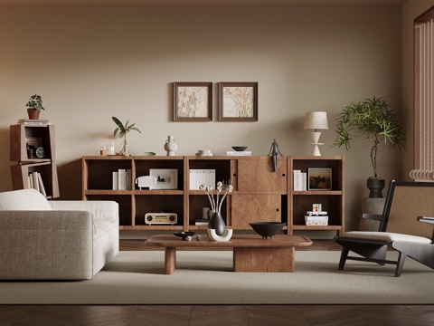 现代中古风客厅 沙发茶几组合 矮柜 书柜su模型