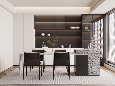 现代餐厅 餐桌椅 酒柜su模型