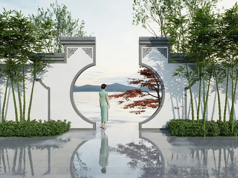 新中式月洞门景墙 苏式庭院景观su模型