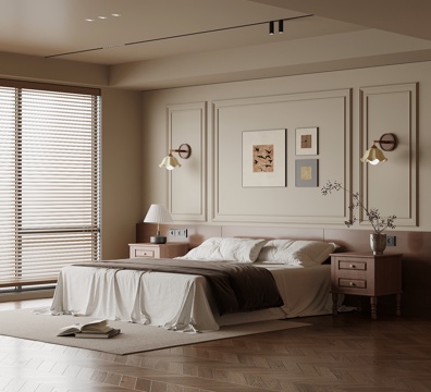 法式中古风卧室 家居卧室 床头柜 双人床su模型