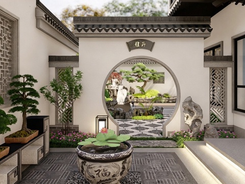 中式庭院花园 别墅置石 景墙月洞门su模型