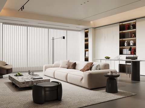 现代意式客厅 沙发茶几组合 书柜 书桌椅su模型