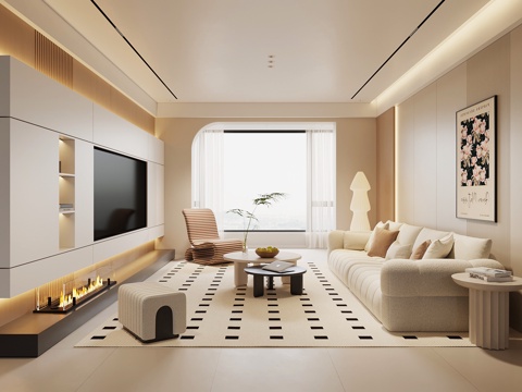 现代奶油风客厅su模型