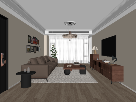 复古中古风客厅 沙发茶几组合 电视柜 矮柜su模型