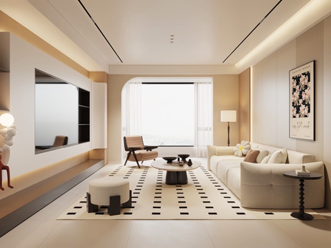 现代奶油风客厅su模型