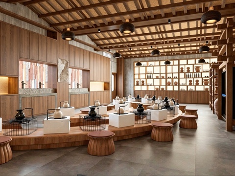 原木风陶瓷展厅 陶瓷教室 瓷器博物馆 文化艺术展厅su模型