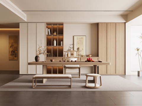 新中式茶室 茶桌椅 茶柜su模型