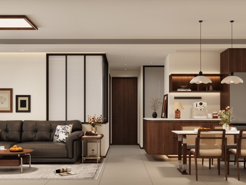  中古风客餐厅 奶油风客餐厅 现代客餐厅3d模型 