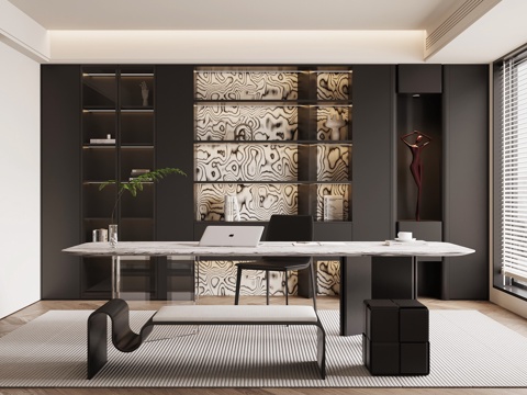 现代意式书房 书桌椅 书柜su模型