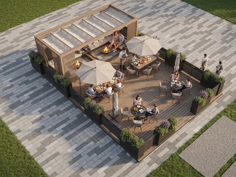 户外休闲区  花箱   现代亭子  露台花园su模型