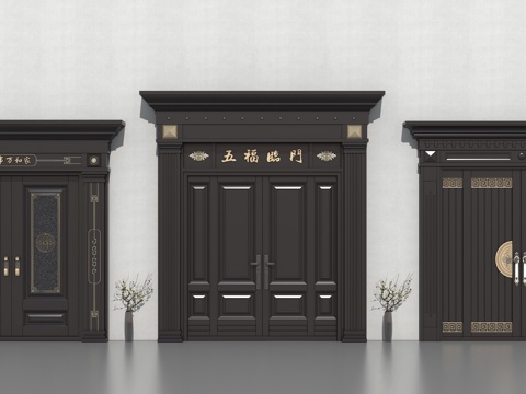 双开门  新中式大门su模型