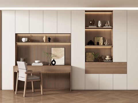 现代书房 书桌书柜组合 储物柜背景柜 装饰柜su模型