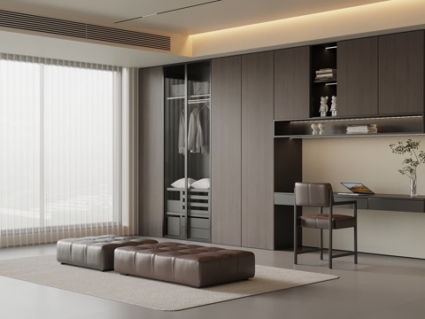 现代意式衣帽间 一体式衣柜 换鞋凳su模型