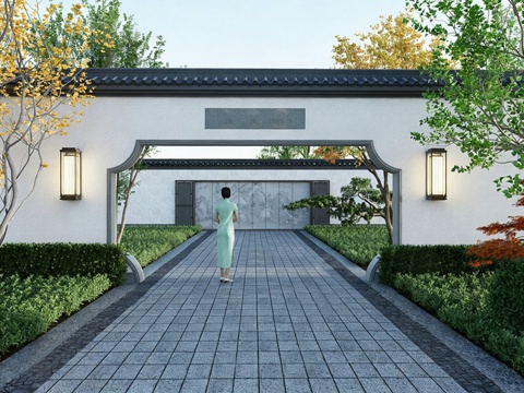 新中式月洞门景墙 庭院景观su模型