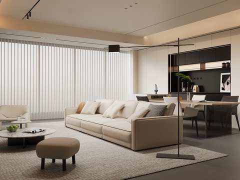 现代意式客厅 沙发茶几组合 酒柜 岛台su模型