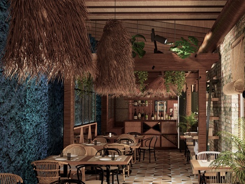 东南亚风格餐厅 餐桌椅组合su模型