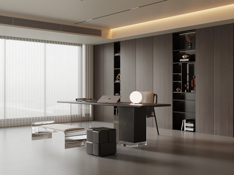 现代意式极简书房 书柜 书桌椅su模型