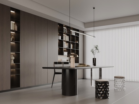 现代意式书桌椅 极简书柜 置物柜 书桌椅su模型