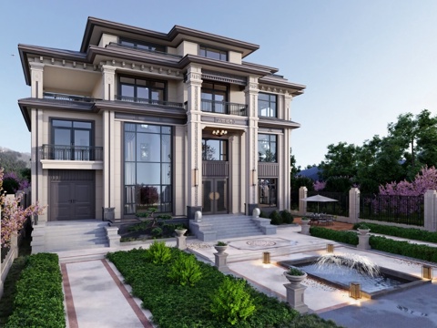 新中式独栋别墅 庭院 自建房 建筑立面su模型