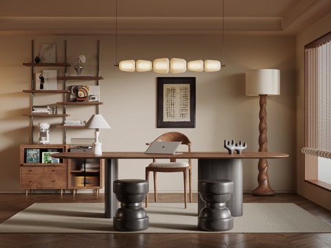 现代中古风书房 书桌椅 书架 置物架su模型