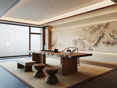 新中式茶室 茶桌椅su模型