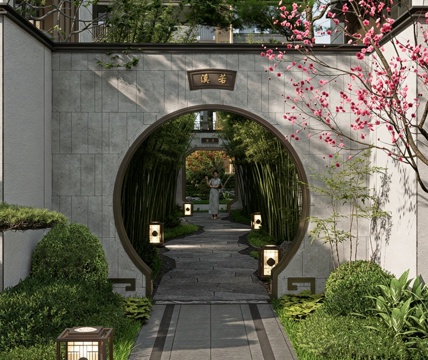 新中式月洞门su模型