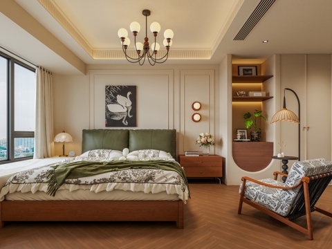 法式中古风主卧室 卧室复古吊灯 皮质双人床 主卧衣柜 休闲椅su模型