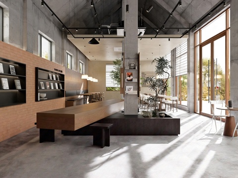 工业复古咖啡厅 奶茶店 咖啡吧台水吧台 咖啡桌椅组合 书吧su模型