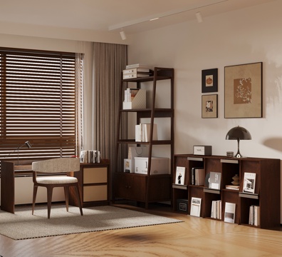 现代中古风书房 书柜 书桌椅su模型