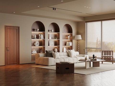 现代中古风客厅 书柜背景墙 沙发茶几组合su模型