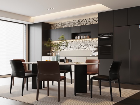 现代意式餐厅 餐桌椅 餐边柜su模型